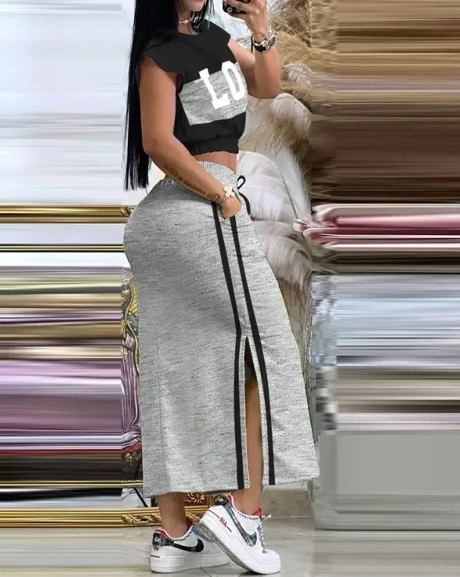 2025 Summer Two Piece Sets Women Outifit Fashion Print Colorblock O-Neck Short Sleeve Crop Top & Casual Striped Pocket Skirt Set