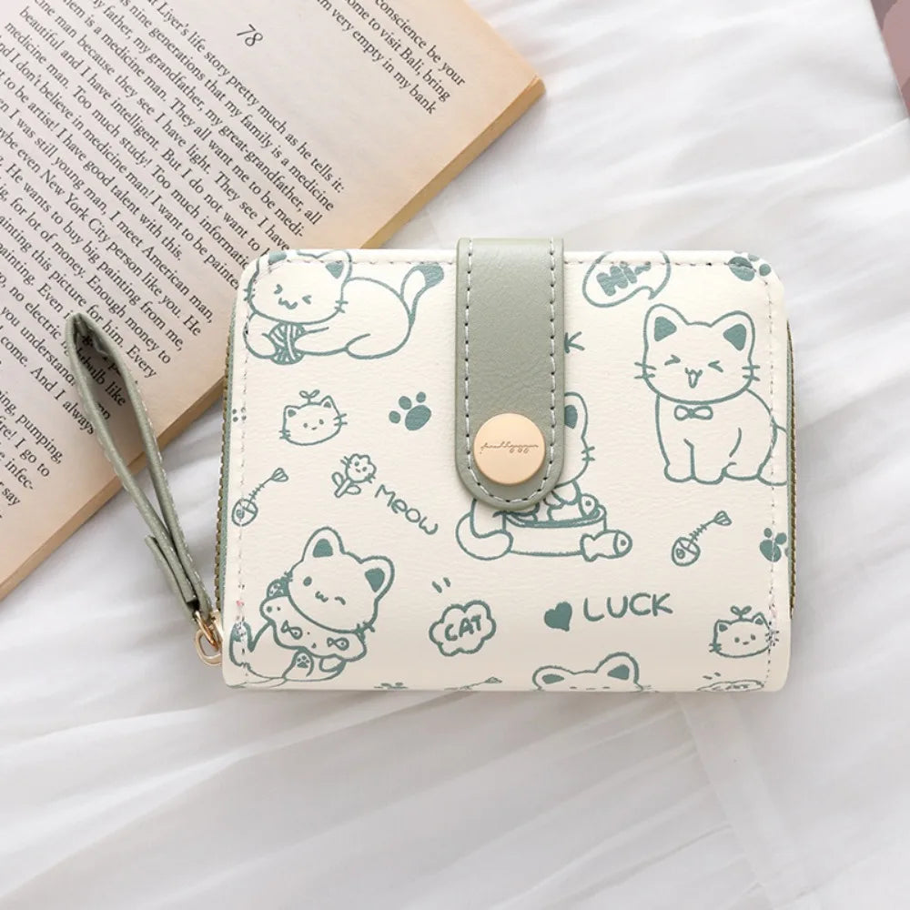 Cute Cat Coin Purse Women Fashion Short Wallet PU Leather Large Capacity Wallet Lightweight ID Card Holder Travel Cash Coin Bag