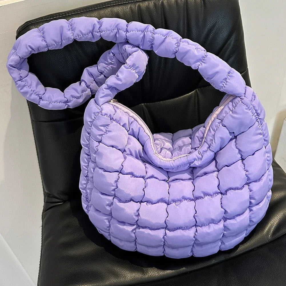 Ladies Quilted Pleated Sling Bag Solid Color Cloud Tote Bag Versatile Quilted Cloud Purse Large Capacity Commuting Bags
