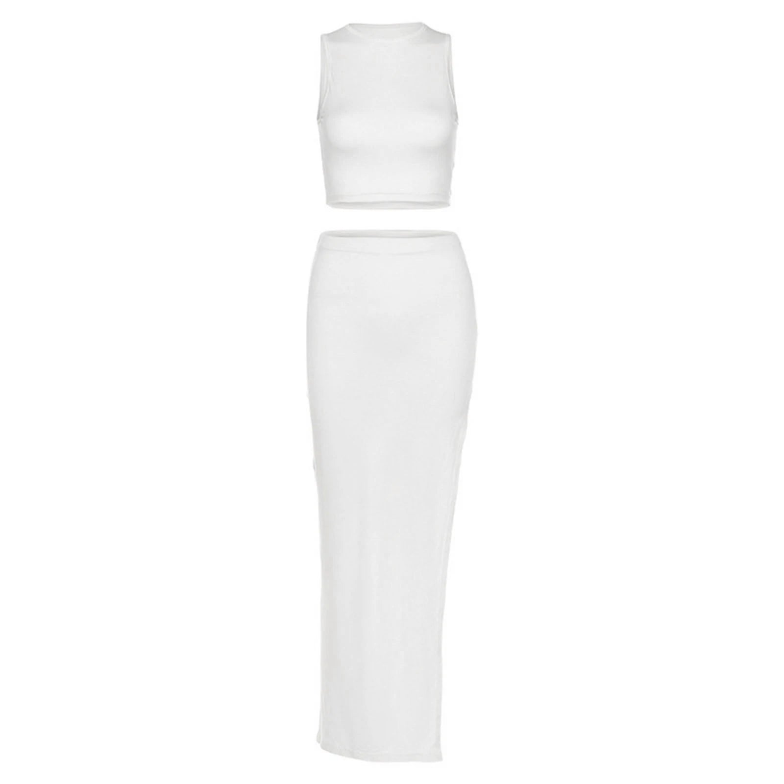 Combhasaki Women's Summer 2Piece Outfits Set Solid Color Crew Neck Sleeveless Crop Tank Tops + Wrapped Hip High Slit Long Skirts