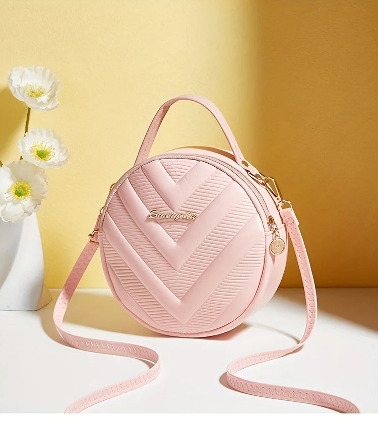 Chic Circle Crossbody Purse for Women - V-Quilted  Detachable Strap  Interior Pockets for Daily Use