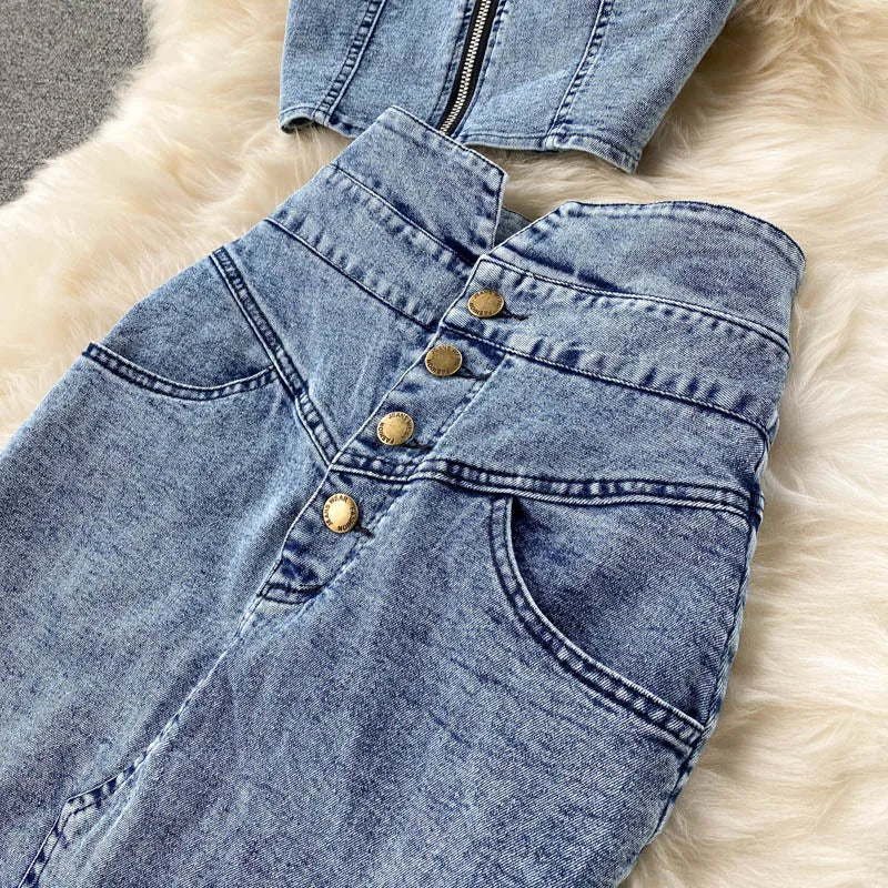 Skirt Sets Women Denim Skirts Two Piece Set Tanks Sleeve Less Slim Fit Vests High Waist Jeans Button Streetwear Summer