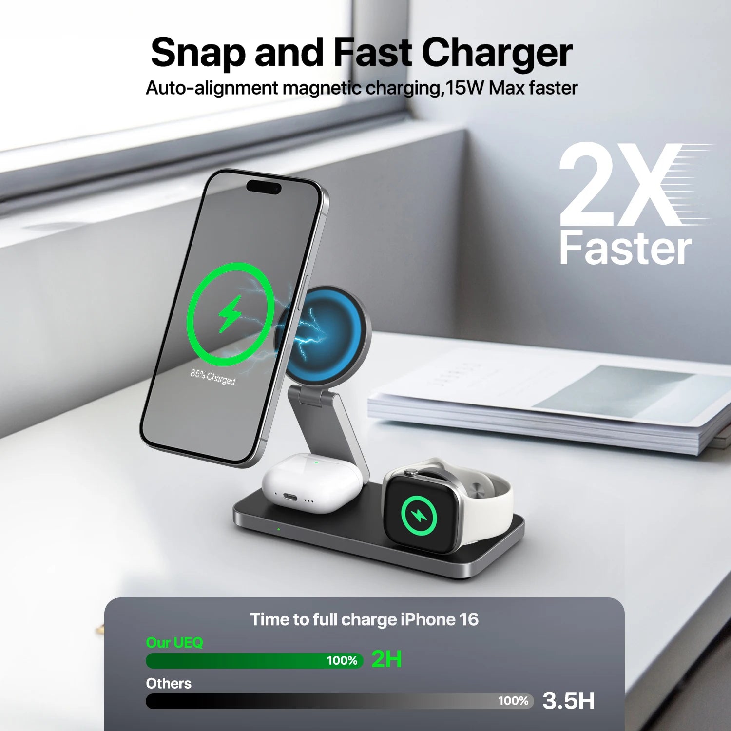 3 in 1 Qi2 Magnetic Wireless Charger For iPhone 16 15 14 13 12 Fast Charging Station For  iWatch 10 9 8 7 6 5  Airpods Pro