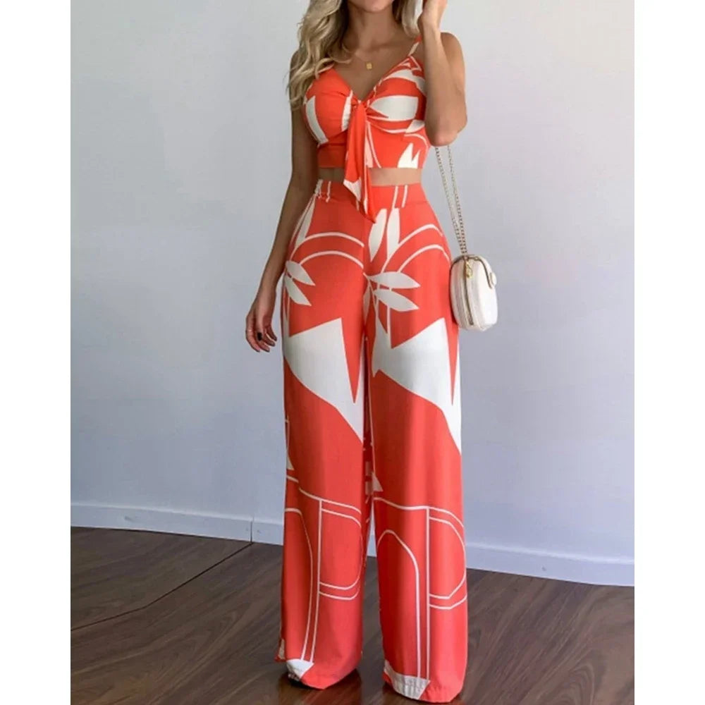 Summer Women Tropical Print Spaghetti Strap Casual Lace up Back Top &High Waist Pants Set 2 Pieces Suit Sets