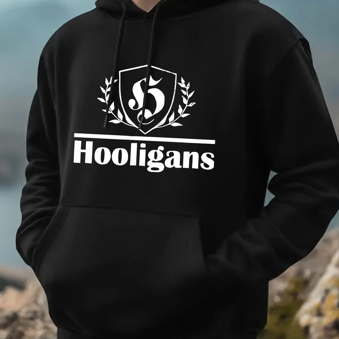 Men's Casual Hoodie HOOLIGANS Geometric Design Pullover for Fitness Training and Daily Wear Fashionable Street Style