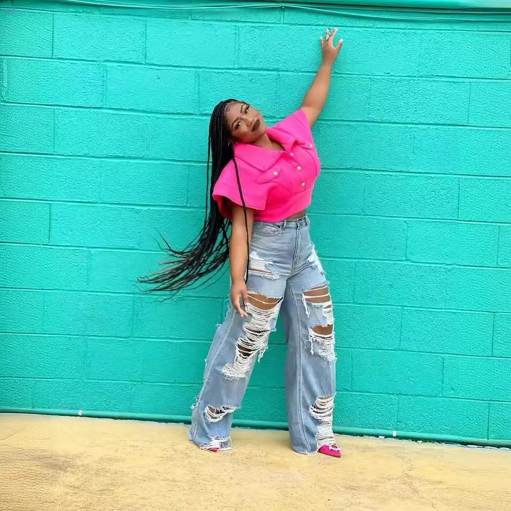 Jeans Women Long Pants Elegant Splice Denim Pant Slim Fit Sexy Hole High Waist Button Pocket Straight Trousers Summer 2024