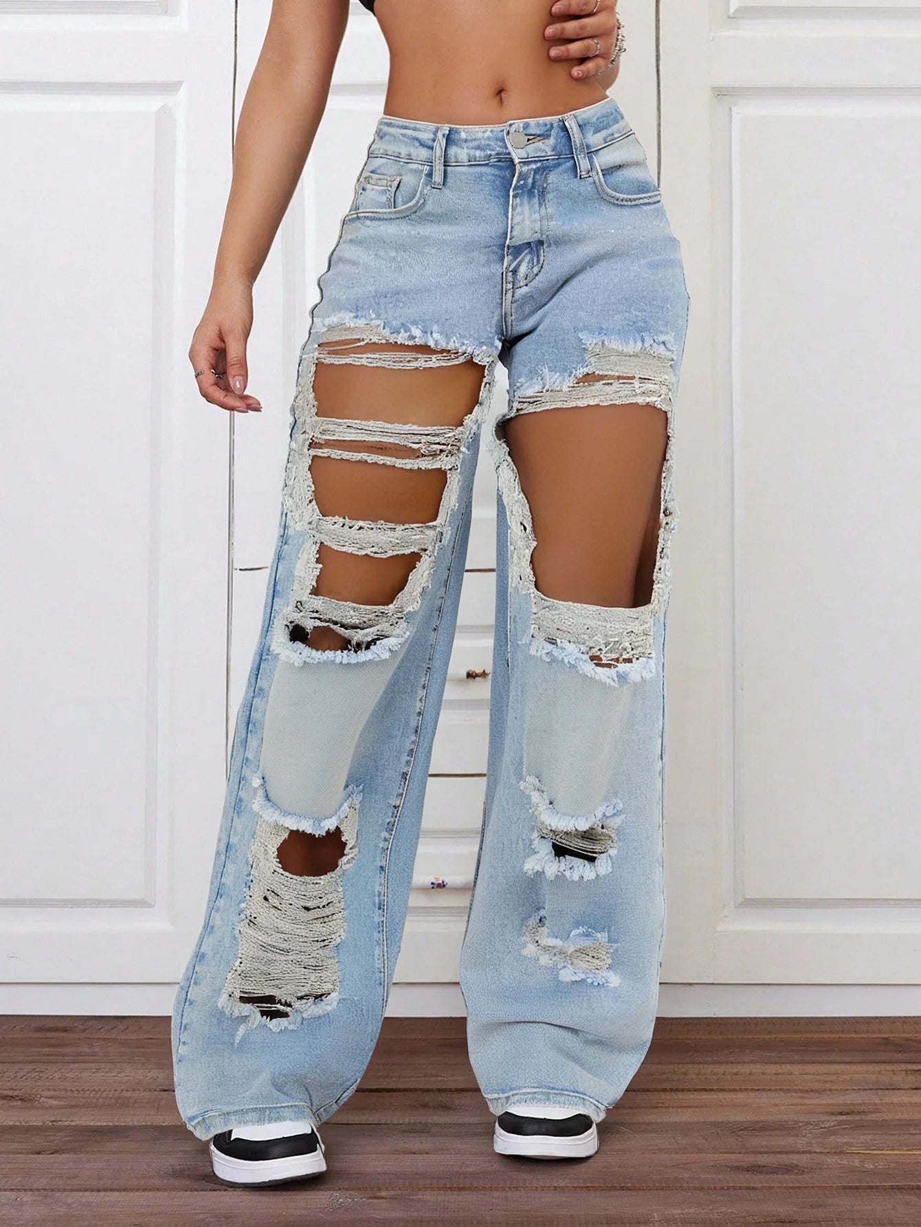 Women's Light Blue Distressed Wide - Leg Jeans - Extreme Ripped Style