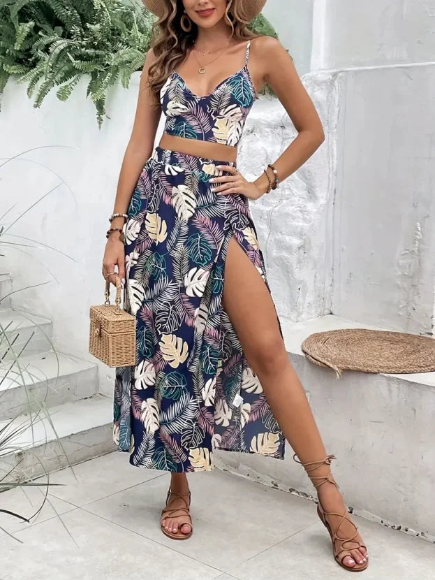 Elegant Deep V-neck Dress Women Summer Sleeveless Printed Vest Skirt Set Sexy High Slit Trend Dresses
