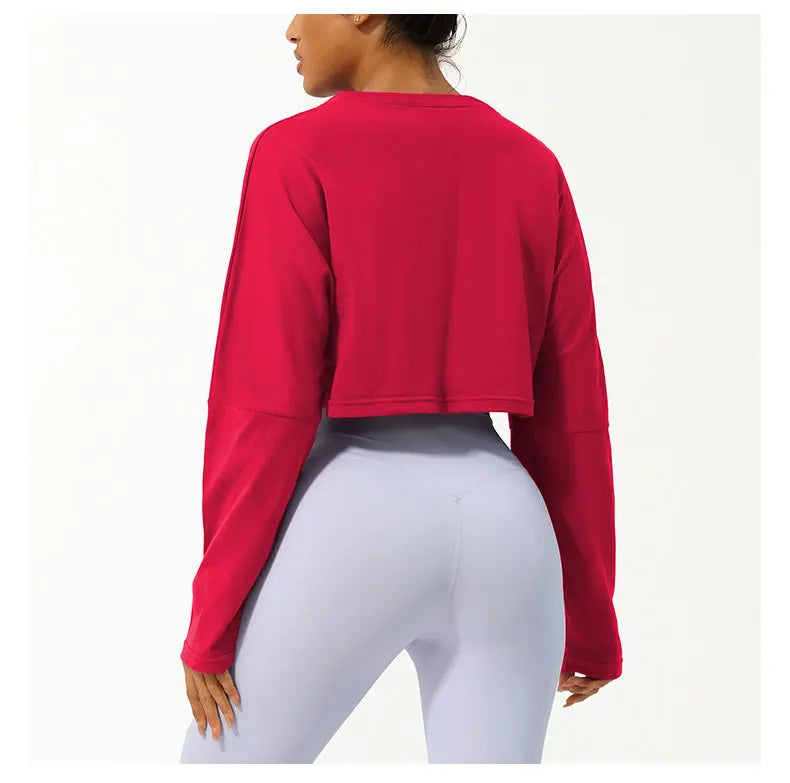 Women Long Sleeve Fitness Crop Top Soft Soild Color Workout T-Shirt Loose Running Yoga Shirt