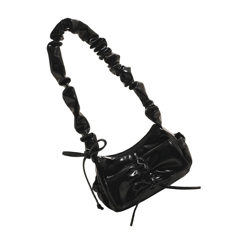 Stylish Casual Pleated Shoulder Bag with Novelty Bowknot PU Leather Handbag Purse for Female