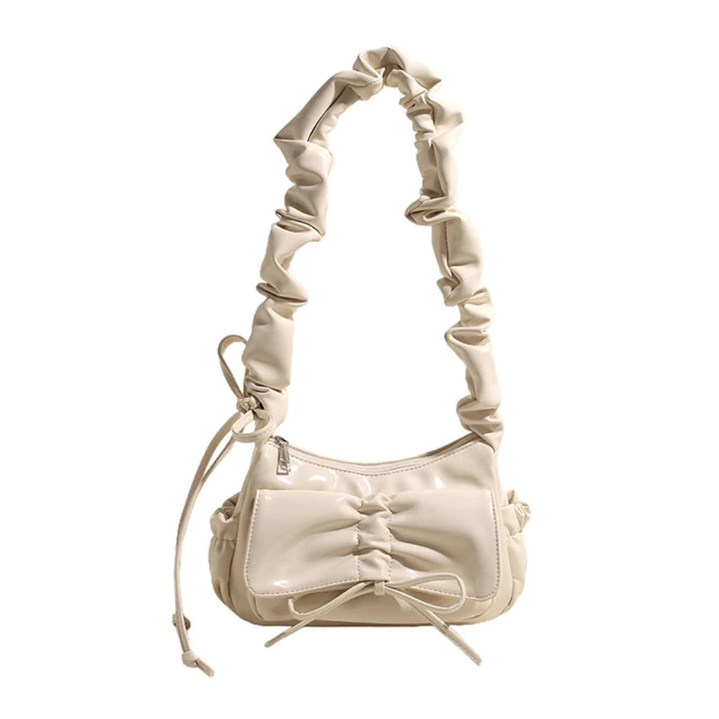 Stylish Casual Pleated Shoulder Bag with Novelty Bowknot PU Leather Handbag Purse for Female