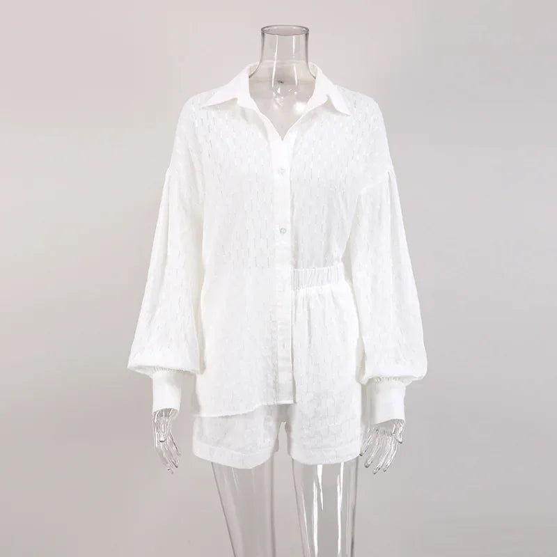 Women Jacquard Puff Sleeves Two Piece Sets for Summer Fashion Loose Shorts and Long Sleeved Shirt Outfits