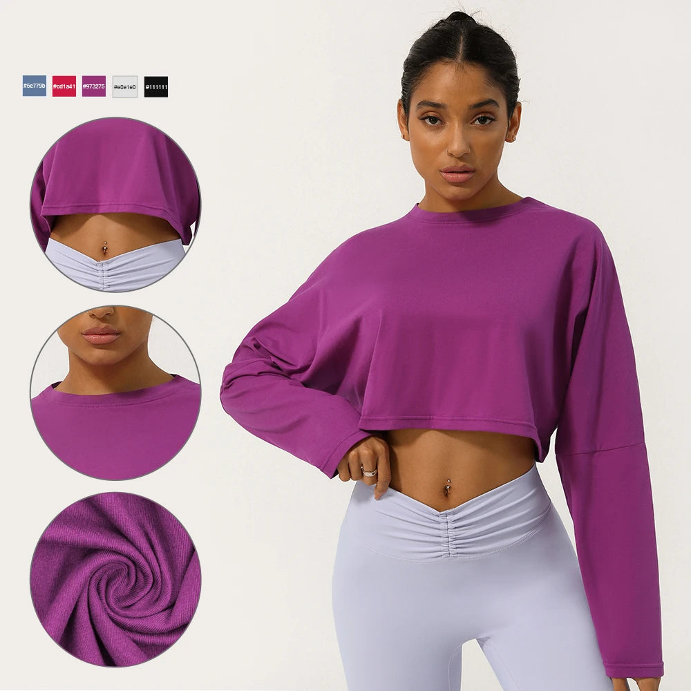 Women Long Sleeve Fitness Crop Top Soft Soild Color Workout T-Shirt Loose Running Yoga Shirt