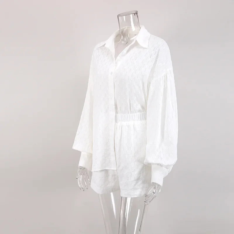 Women Jacquard Puff Sleeves Two Piece Sets for Summer Fashion Loose Shorts and Long Sleeved Shirt Outfits
