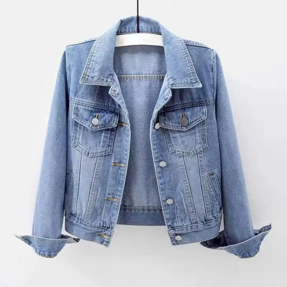 Women Denim Jacket Single-breasted Chest Flap Pocket Jacket Long Sleeve Slim Short Coat Retro Ladies Denim Jackets Outerwear