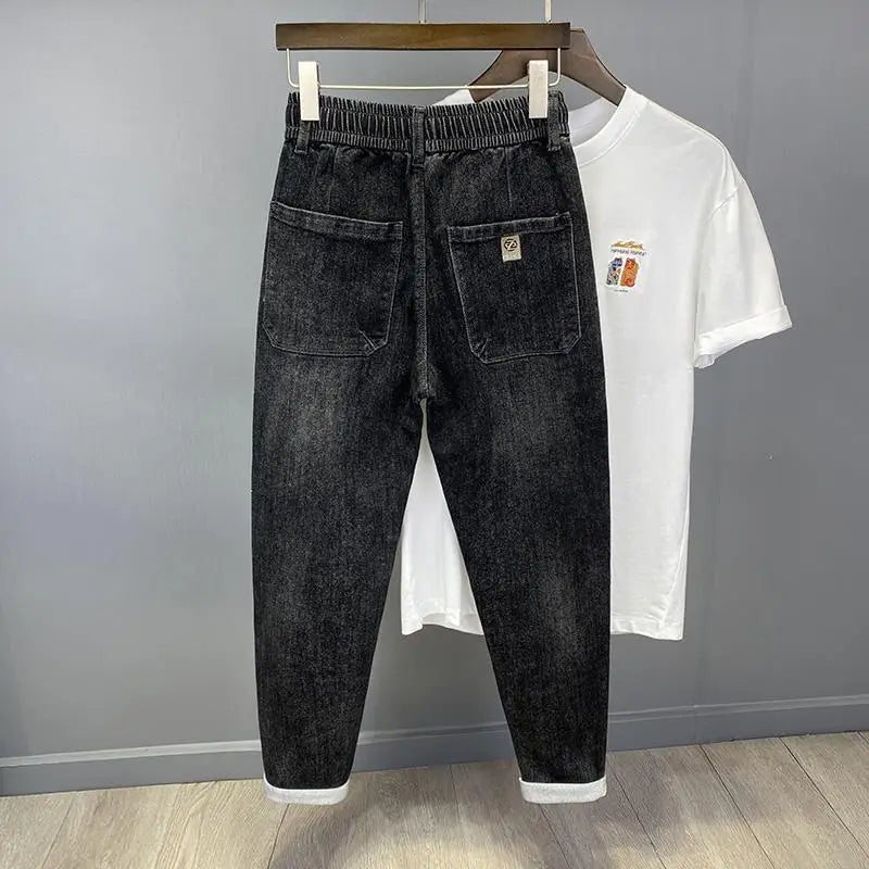 Harajuku Fashion Men's Printed Cargo Vintage Harem Pants Elastic Waistband Baggy Jeans for Casual Spring and Autumn Denim Pants