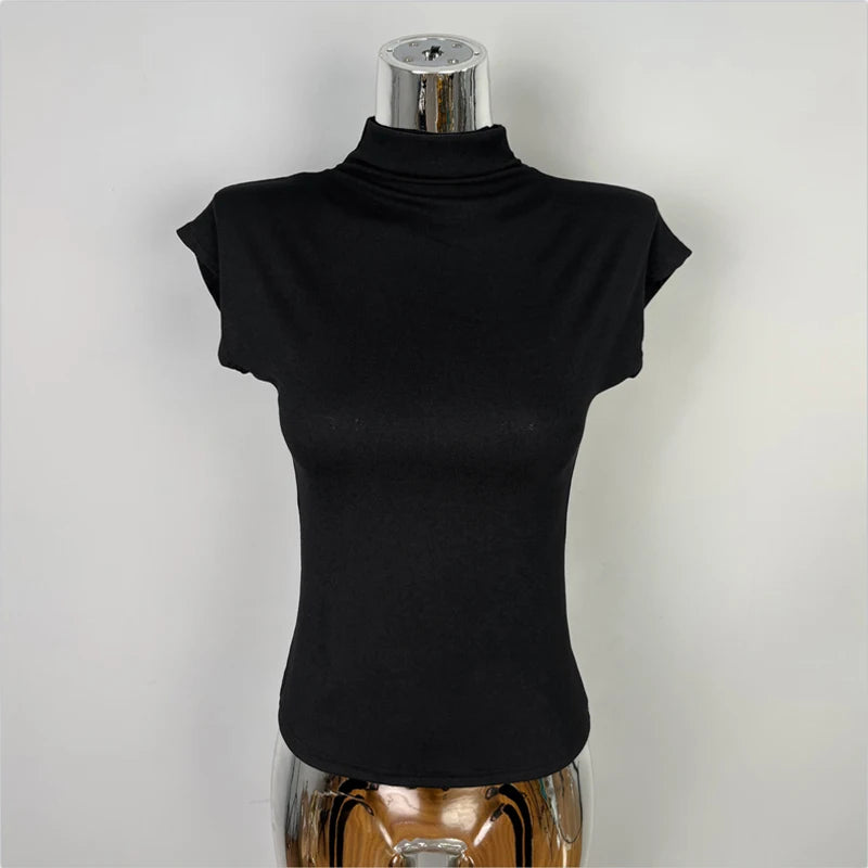 Female Streetwear Basics Versatile Tops Women Sexy Turtleneck Short Sleeve T-Shirts Solid Slim Fit Summer Causal Tees Shirts