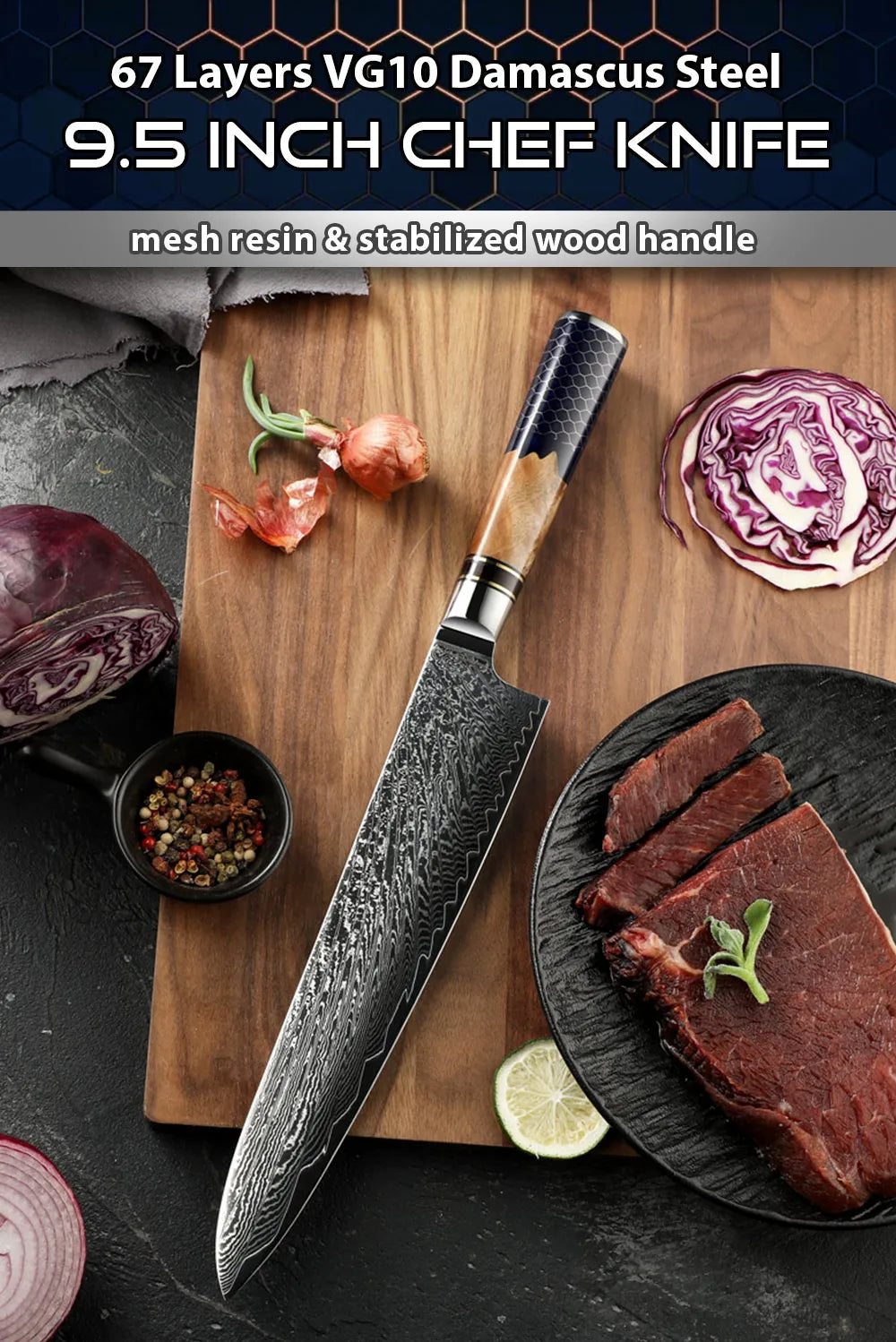 Kitchen Knives-Set Damascus Steel Chef Knife Cleaver Paring Utility Bread Knife Cooking Tool Blue Resin Handle 1-10 Pcs/Set