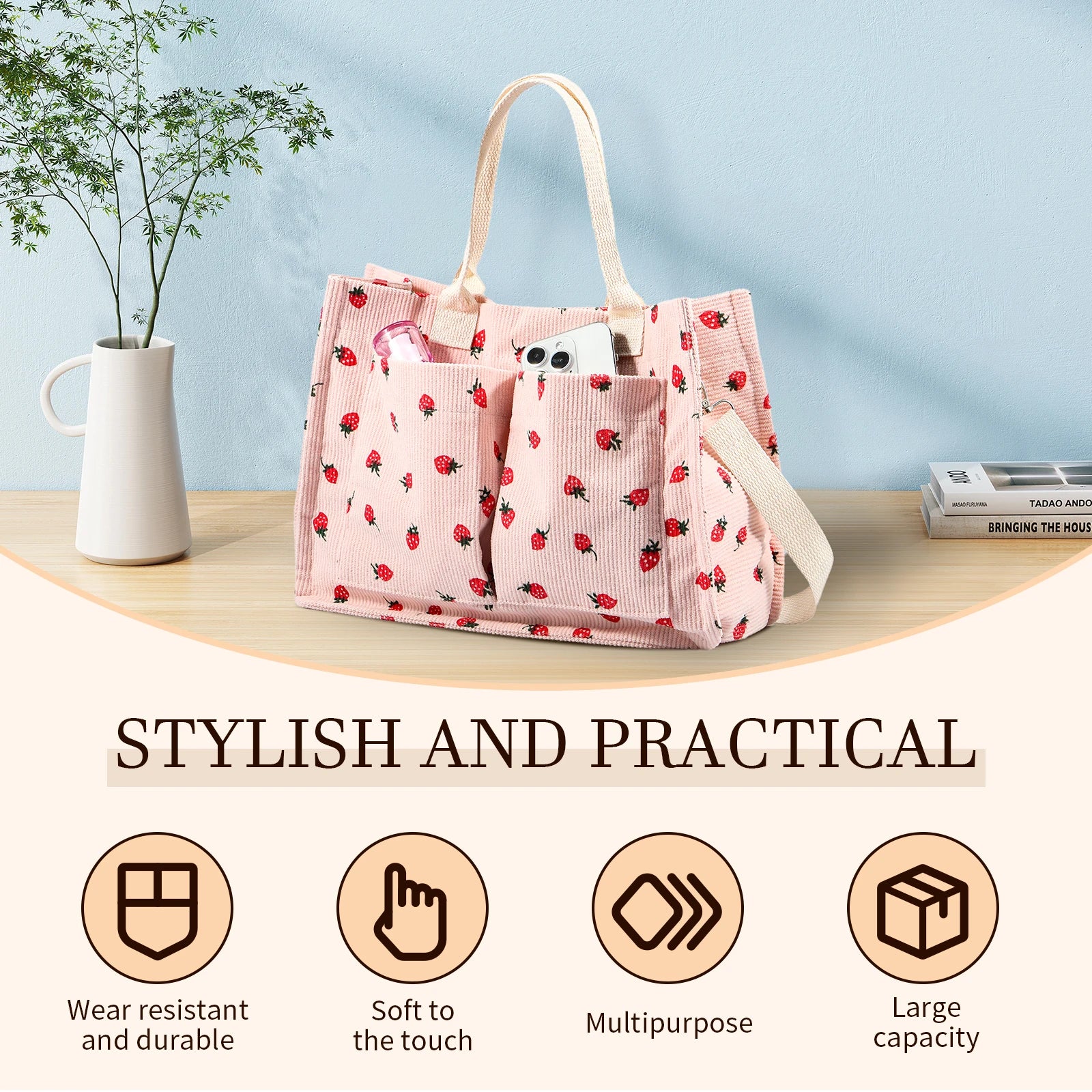 Tote Bag Cute Strawberry Patched Purse for Women Fabric Large Capacity Tote Purse Enduring Tote Bag with Adjustable Shoulder