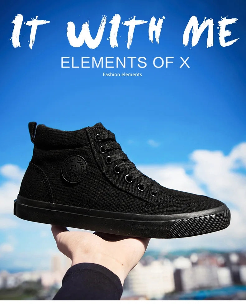 Men's High-Top Canvas Sneakers Slip-On Lace-Up Casual All-Black Basic Skate Shoes for Students Flat Sole Comfortable Sport Shoes