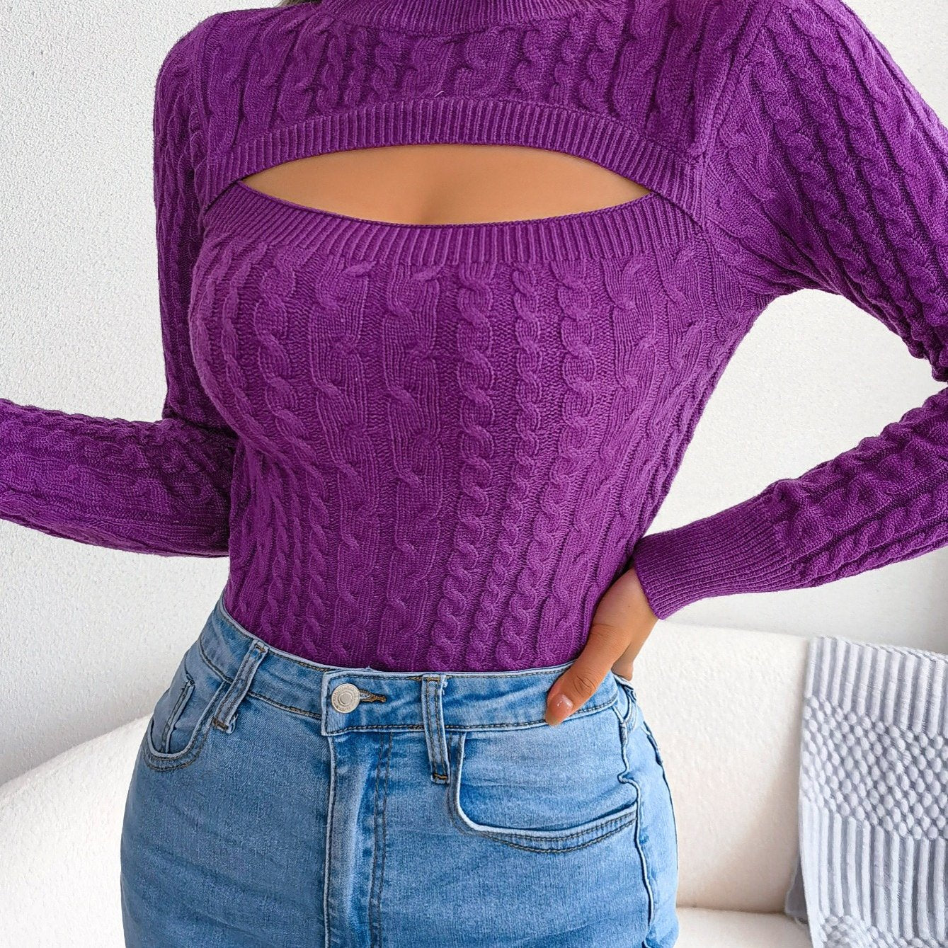 Women'S Sexy Hollow-Out Knit Pullover Sweater, Long Sleeve Crew Neck