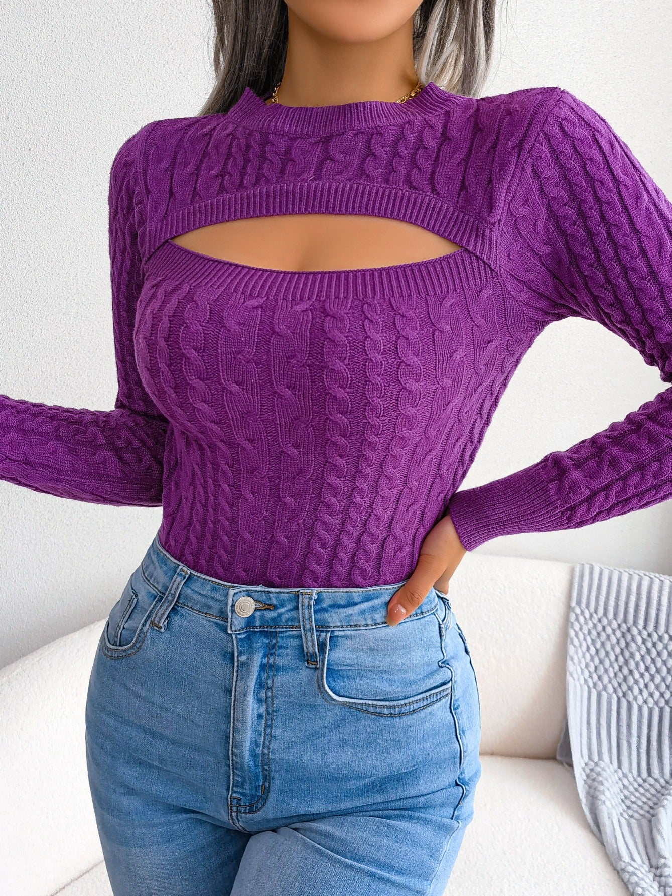 Women'S Sexy Hollow-Out Knit Pullover Sweater, Long Sleeve Crew Neck