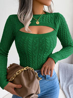 Women'S Sexy Hollow-Out Knit Pullover Sweater, Long Sleeve Crew Neck