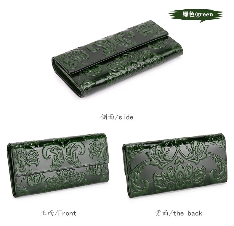 Genuine Leather Purse Women Large Real Leather Clutch Long Women's Cow Leather Purses Floral Ladies Wallets