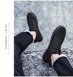 Men's High-Top Canvas Sneakers Slip-On Lace-Up Casual All-Black Basic Skate Shoes for Students Flat Sole Comfortable Sport Shoes