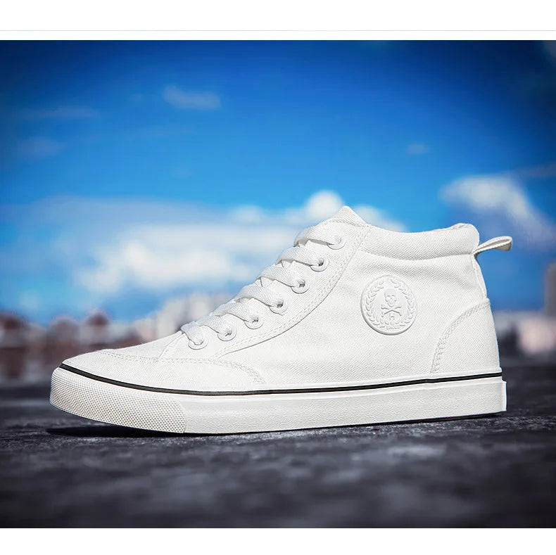 Men's High-Top Canvas Sneakers Slip-On Lace-Up Casual All-Black Basic Skate Shoes for Students Flat Sole Comfortable Sport Shoes