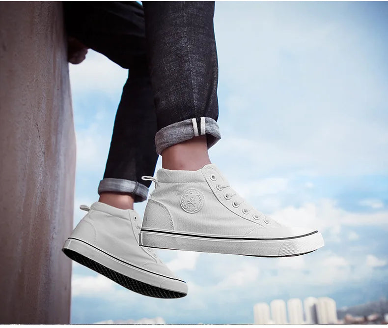 Men's High-Top Canvas Sneakers Slip-On Lace-Up Casual All-Black Basic Skate Shoes for Students Flat Sole Comfortable Sport Shoes