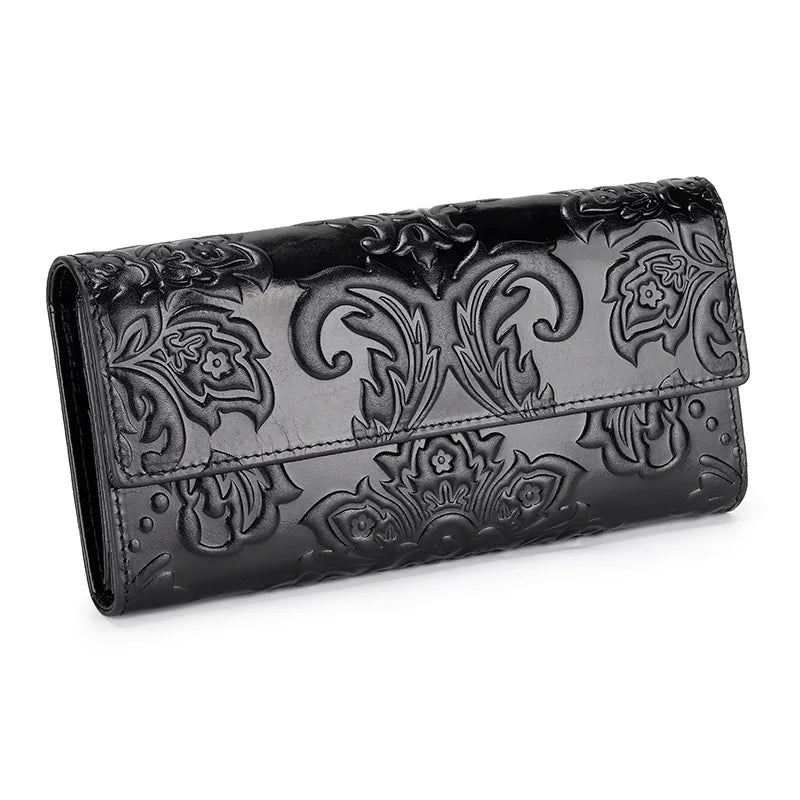 Genuine Leather Purse Women Large Real Leather Clutch Long Women's Cow Leather Purses Floral Ladies Wallets