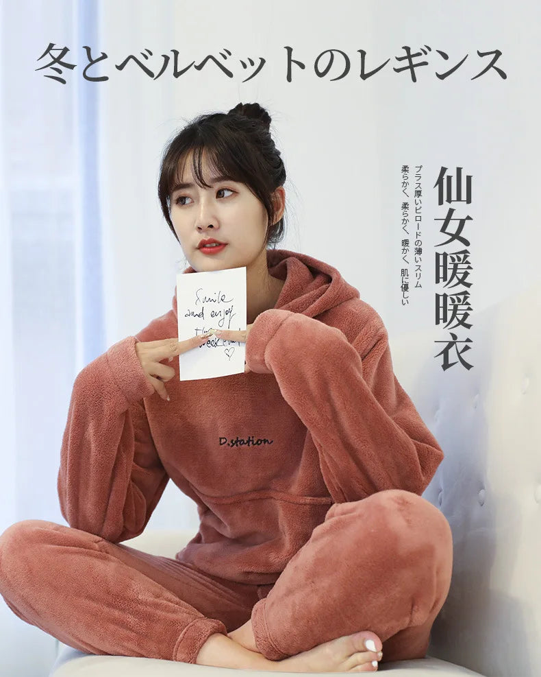 Winter Coral Fleece Pajama Set Women Thick Warm Flannel Velvet Cozy 2 Pieces Long Sleeve Sleepwear Suit Lady Clothing Homewear