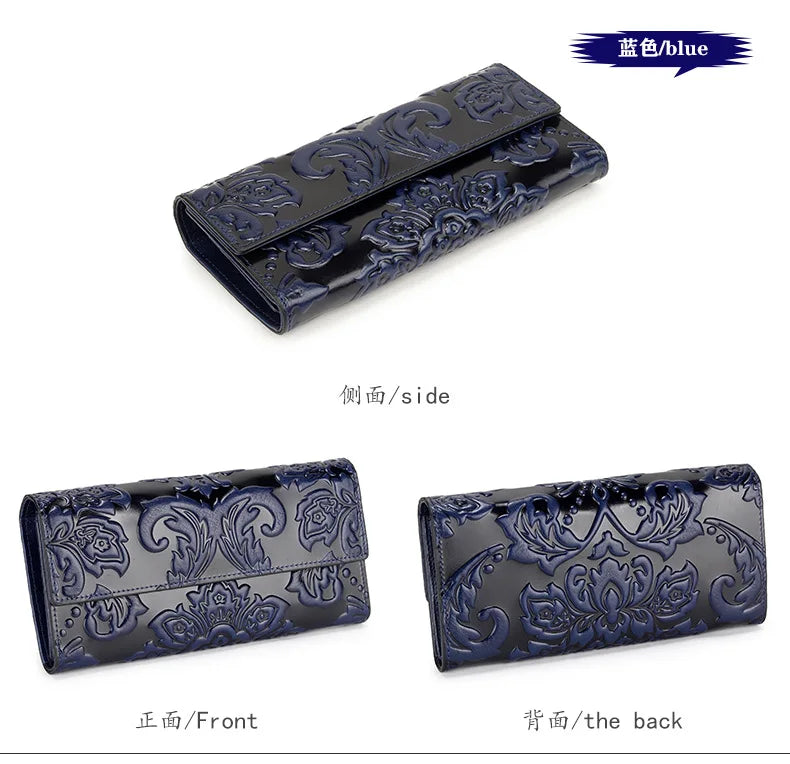 Genuine Leather Purse Women Large Real Leather Clutch Long Women's Cow Leather Purses Floral Ladies Wallets