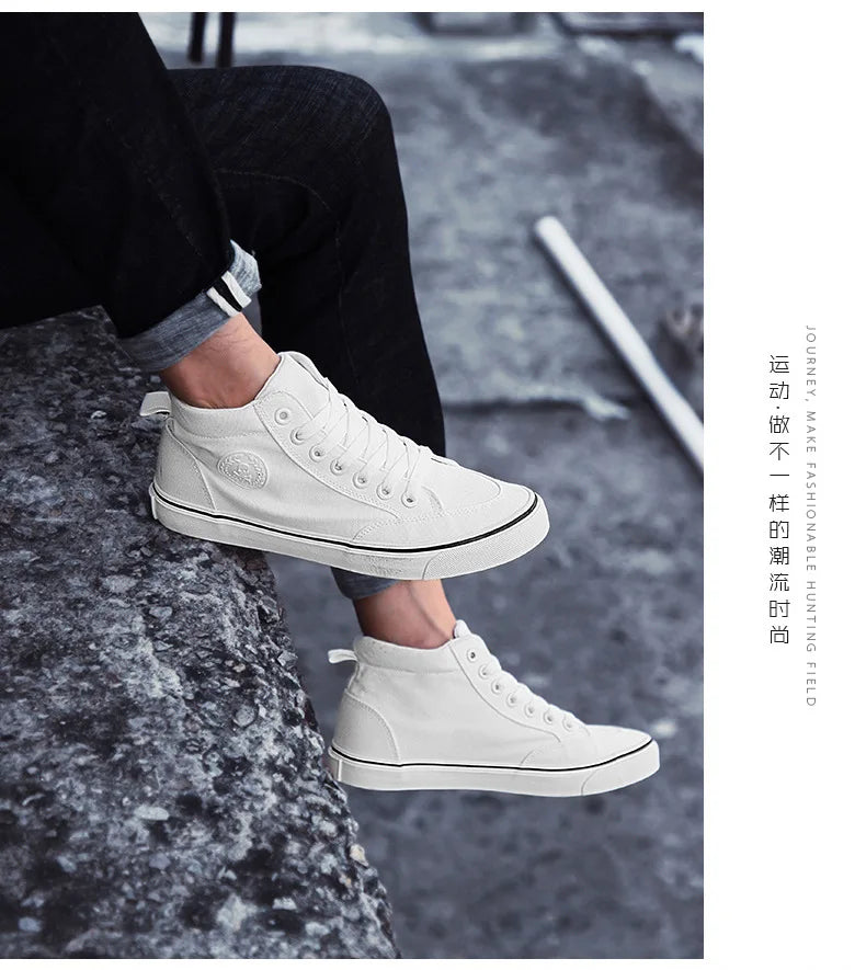 Men's High-Top Canvas Sneakers Slip-On Lace-Up Casual All-Black Basic Skate Shoes for Students Flat Sole Comfortable Sport Shoes
