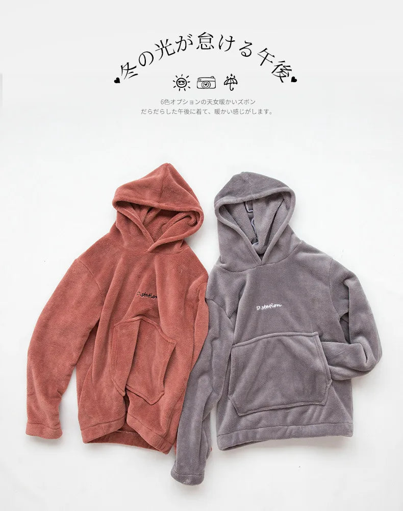 Winter Coral Fleece Pajama Set Women Thick Warm Flannel Velvet Cozy 2 Pieces Long Sleeve Sleepwear Suit Lady Clothing Homewear