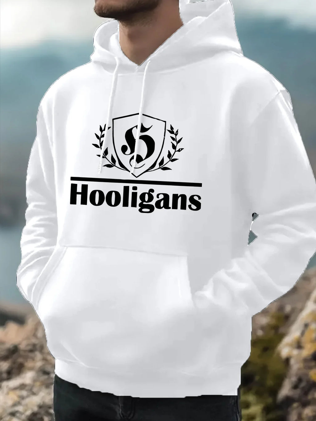 Men's Casual Hoodie HOOLIGANS Geometric Design Pullover for Fitness Training and Daily Wear Fashionable Street Style