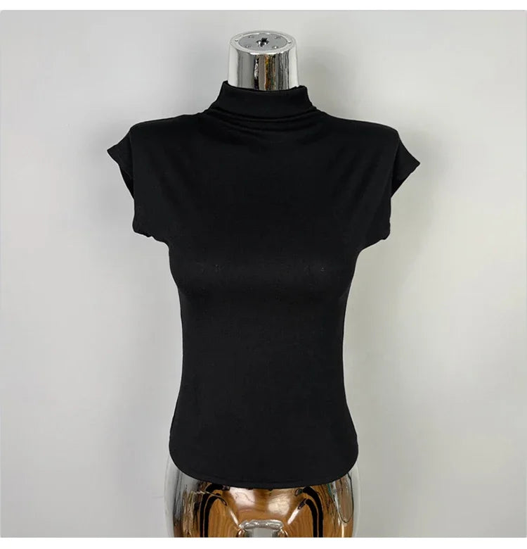 Female Streetwear Basics Versatile Tops Women Sexy Turtleneck Short Sleeve T-Shirts Solid Slim Fit Summer Causal Tees Shirts