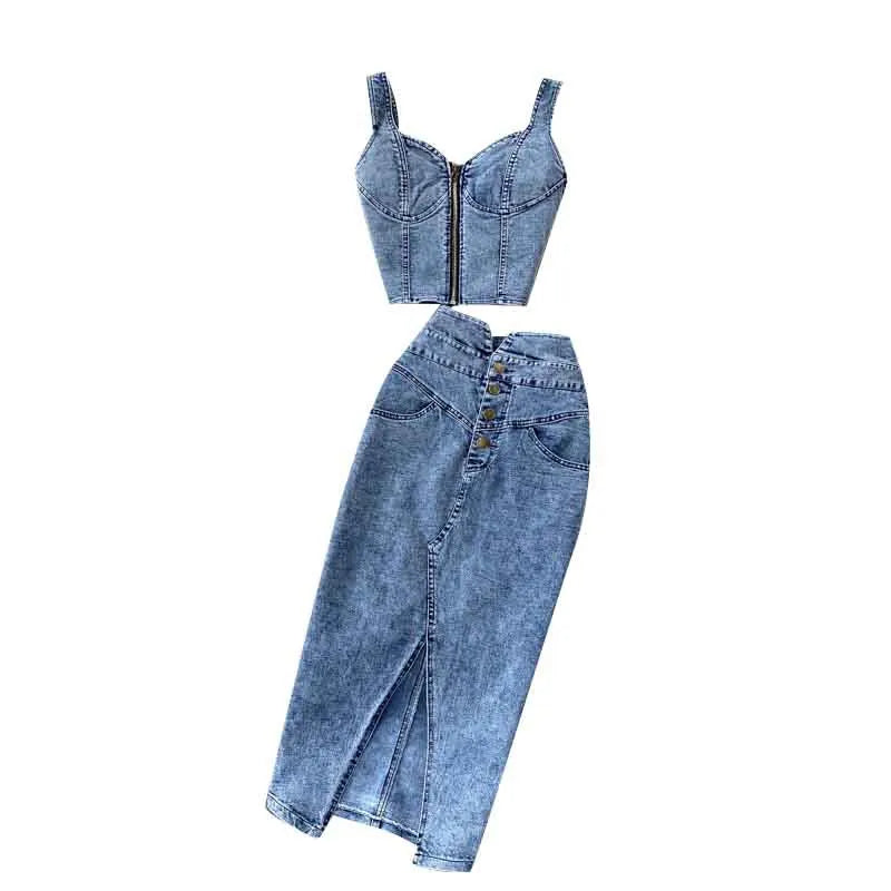 Skirt Sets Women Denim Skirts Two Piece Set Tanks Sleeve Less Slim Fit Vests High Waist Jeans Button Streetwear Summer