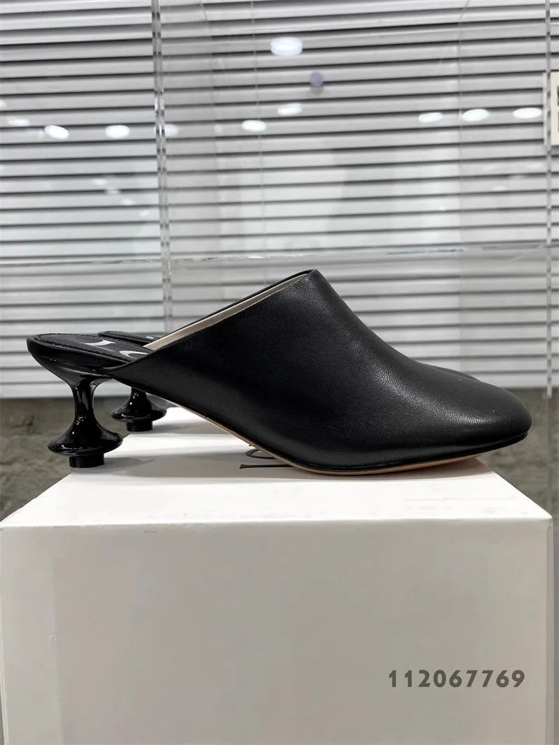 Square Toe Elegant Women Slippers Fad Mid Heels Leather Sandals Mule Shoes Trend Spring Designer Dress Femme Chaussures