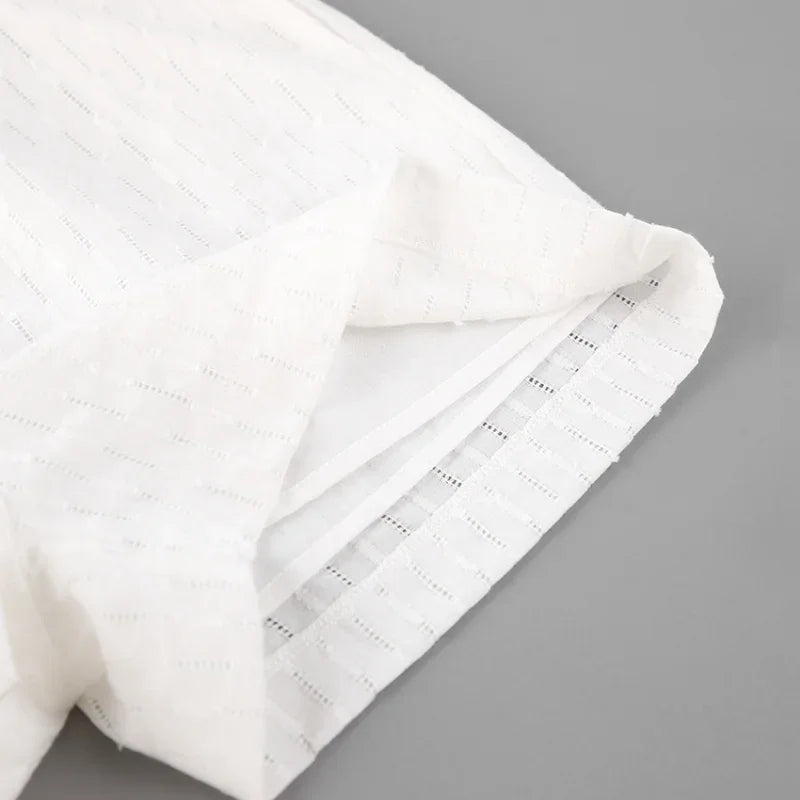 Women Jacquard Puff Sleeves Two Piece Sets for Summer Fashion Loose Shorts and Long Sleeved Shirt Outfits