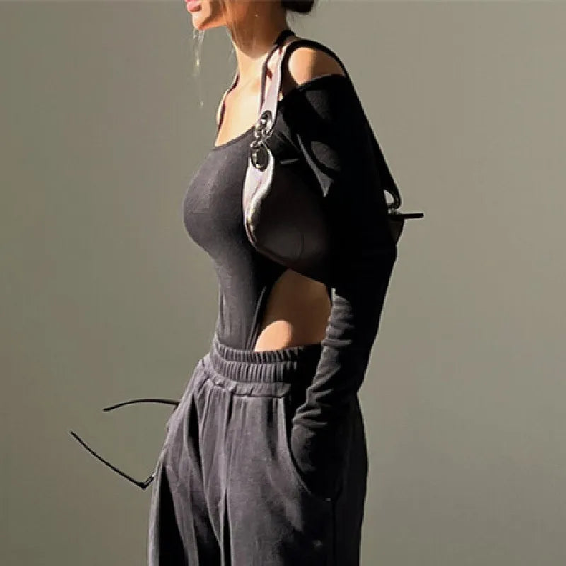 WhereMery Sexy Women's Off-Shoulder Halter Bodysuit Casual Spaghetti Straps Long Sleeve Slim T-Shirt for Party Clubwear Vestidos