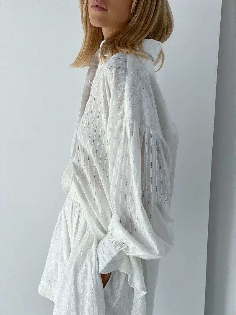 Women Jacquard Puff Sleeves Two Piece Sets for Summer Fashion Loose Shorts and Long Sleeved Shirt Outfits