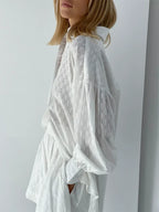 Women Jacquard Puff Sleeves Two Piece Sets for Summer Fashion Loose Shorts and Long Sleeved Shirt Outfits