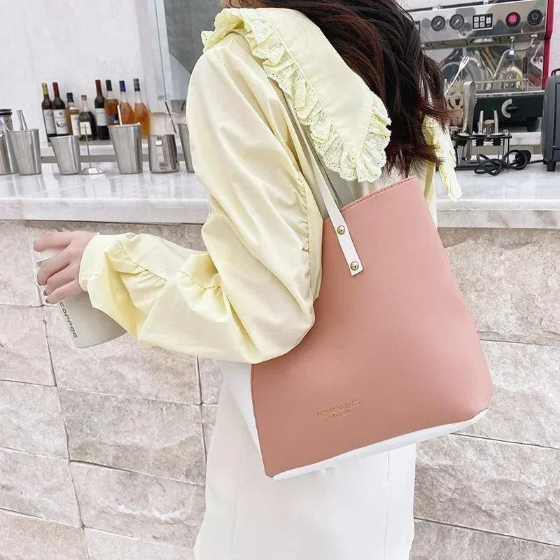 Women Pu Leather Ladies Purses and Shopping Bag Casual Large Capacity Patchwork Bag Hot Stamped Contrast Color Shoulder Bags