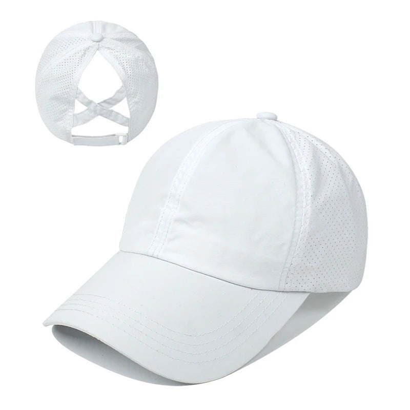 Summer Sun Hat Women Cross Ponytail Baseball Cap Outdoor Sport Hat Breathable Quick-Dry Sun Hat Camping Hiking Running Golf Caps
