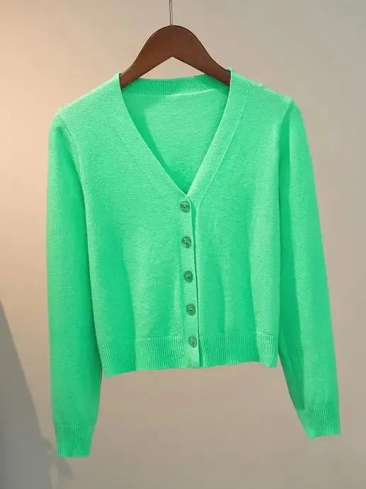 Sweater Knitted Cardigan Button Jacket 2025 Autumn Winter V-neck Long Sleeve Casual Short Tops For Women Sweater Grey White