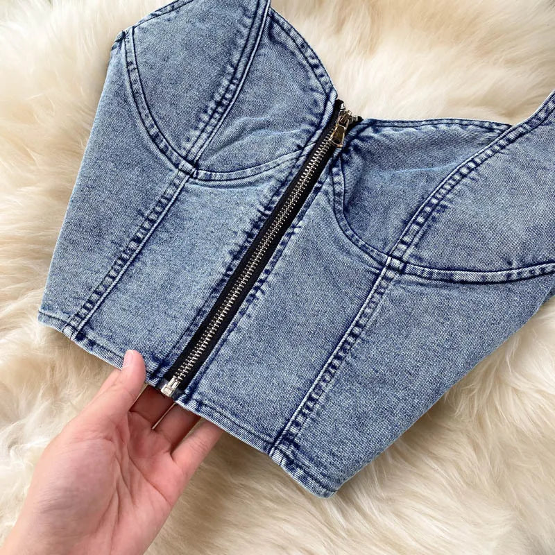 Skirt Sets Women Denim Skirts Two Piece Set Tanks Sleeve Less Slim Fit Vests High Waist Jeans Button Streetwear Summer