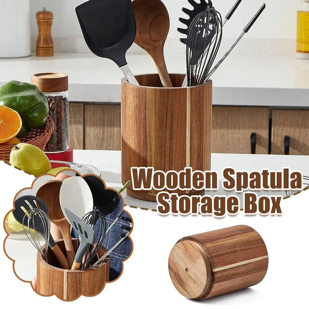 Kitchen Counter Cutlery Box Wooden circular Cooking Tool Rack Round Spatula Storage and Sorting Box Storage Bucket