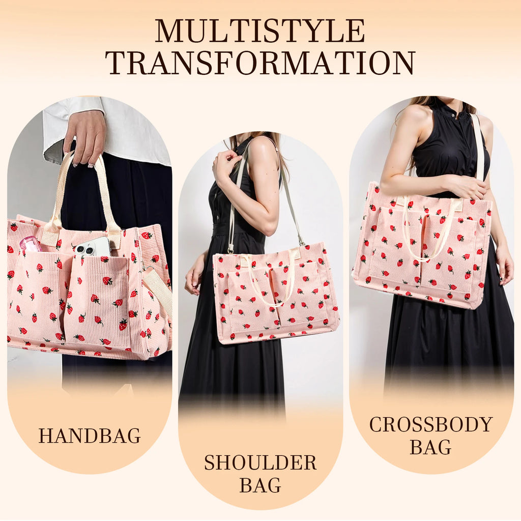 Tote Bag Cute Strawberry Patched Purse for Women Fabric Large Capacity Tote Purse Enduring Tote Bag with Adjustable Shoulder